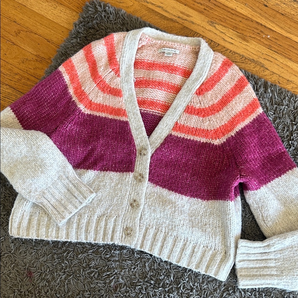 American Eagle Cozy Striped V-Neck Cardigan Sweater - Pink, Coral & Cream Large